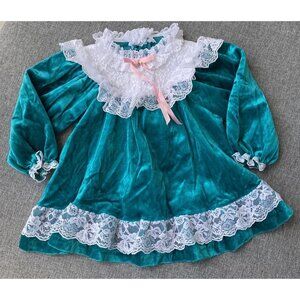 California Talk Girls Dress Lacey Velour Party 3T Teal Green Lace USA Vintage